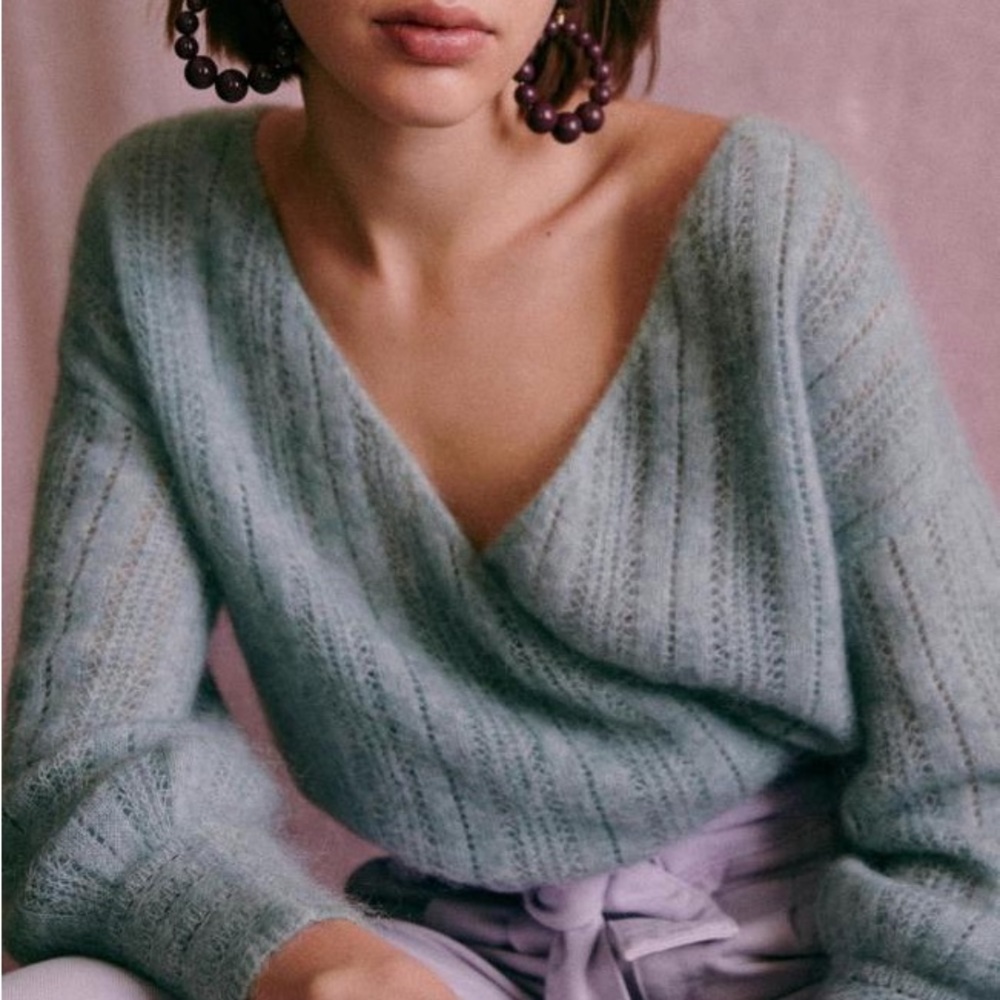 Sézane Coeur Ballet Wrap Mohair Jumper in Sea Mist